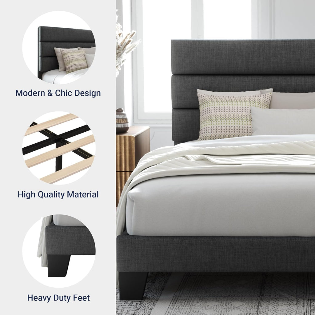 Full Platform Bed Frame with Fabric Upholstered Headboard and Wooden Slats Support