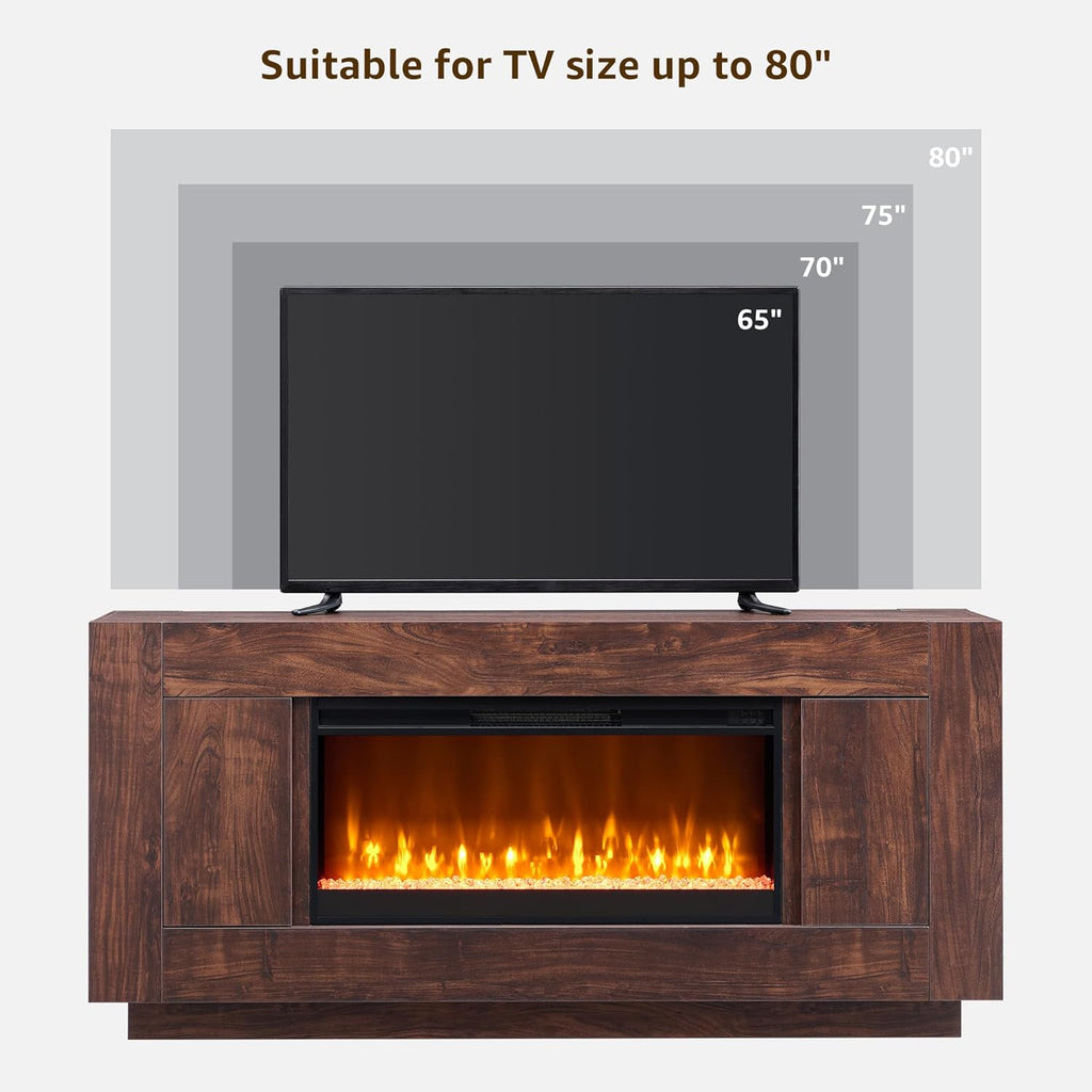 70 Inch Modern Fireplace TV Stand with 36 Inch Electric Fireplace, Entertainment Center for TVs up to 80 Inches, Media Console with Side Cabinets, Dark Walnut