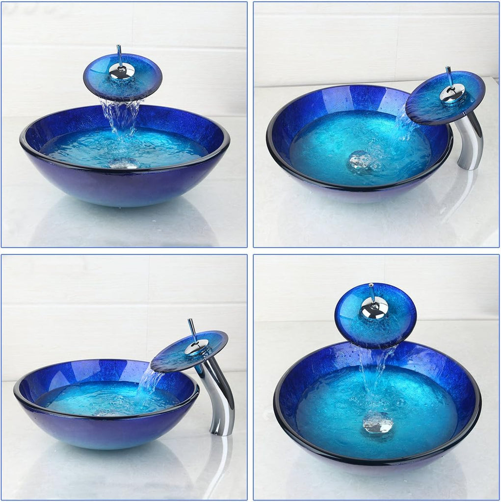 Blue Countertop Bathroom Vessel Sink with Waterfall Faucet