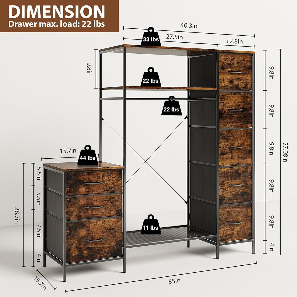 Clothes Rack with 8 Drawers, 4 Shelves & LED, 55" W×57" H Dresser with Hanging Rack, Portable Garment Rack