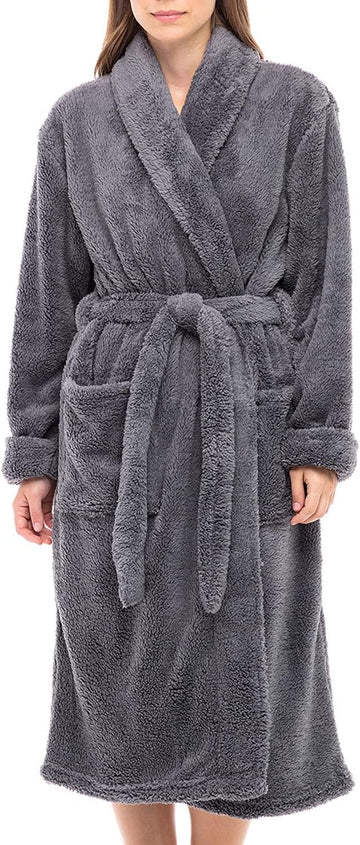 ADR Women's Long Sleeve Plush Fleece Robe with Pockets, Bathrobe