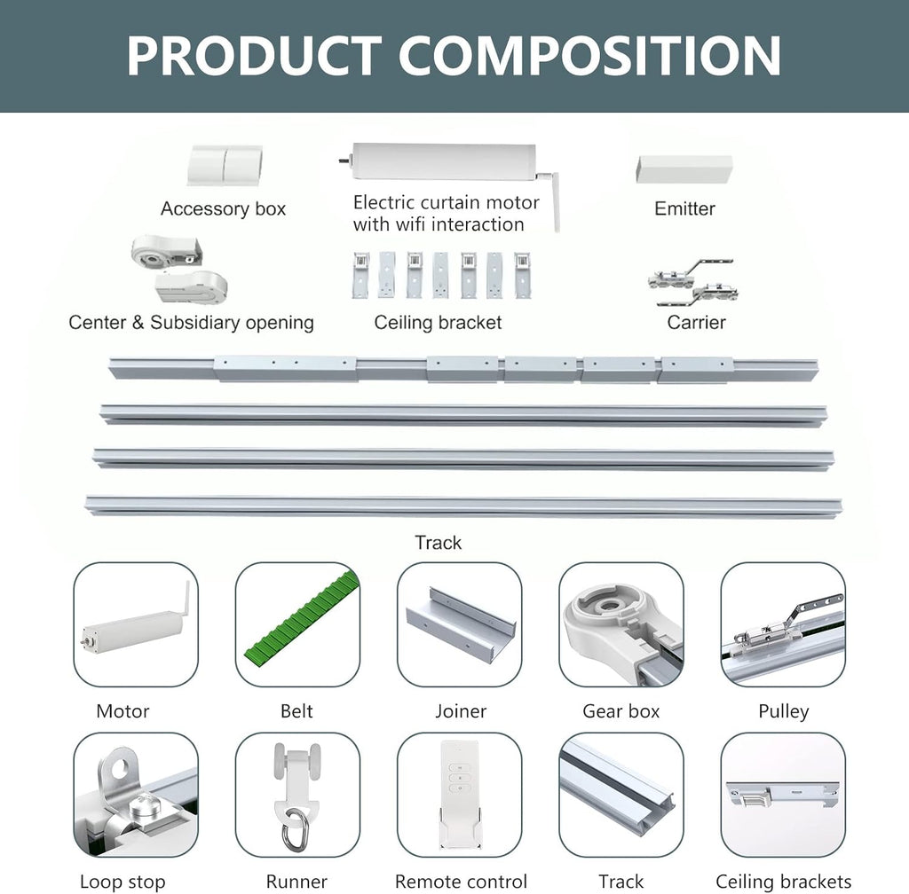 Smart Curtain Tracks WiFi Control by Phone, Support Voice Control for Alexa, Google Home, Tuya App Remote Automated