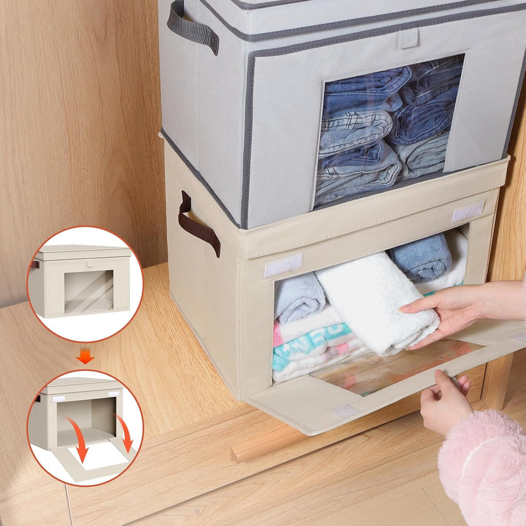 Front Opening Storage Bins with Lids for Closet, Beige, 4 Pack | Foldable Fabric Storage Cubes, Large Closet