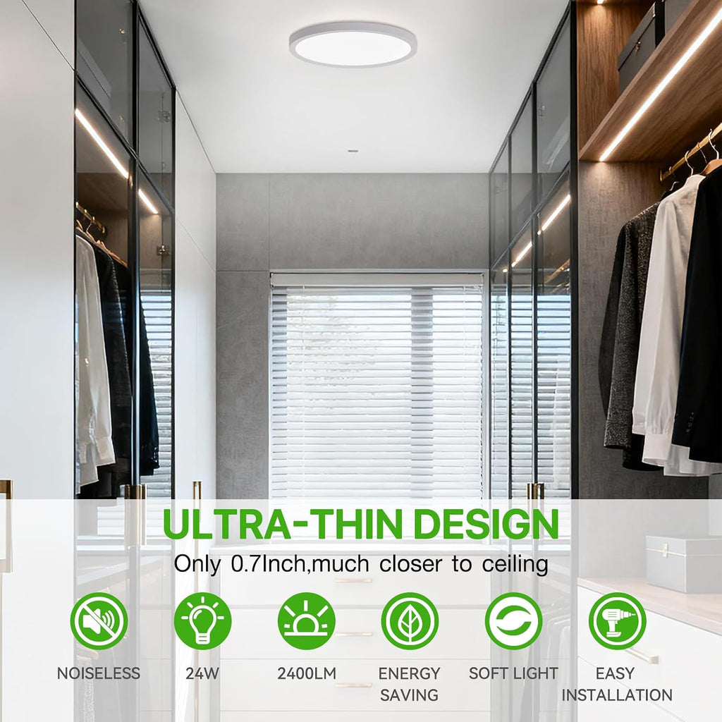12 Inch White LED Flush Mount Ceiling Light Fixture (2 Pcs) | 24W 2640LM, Dimmable Light, Compact Ultra-Thin Design