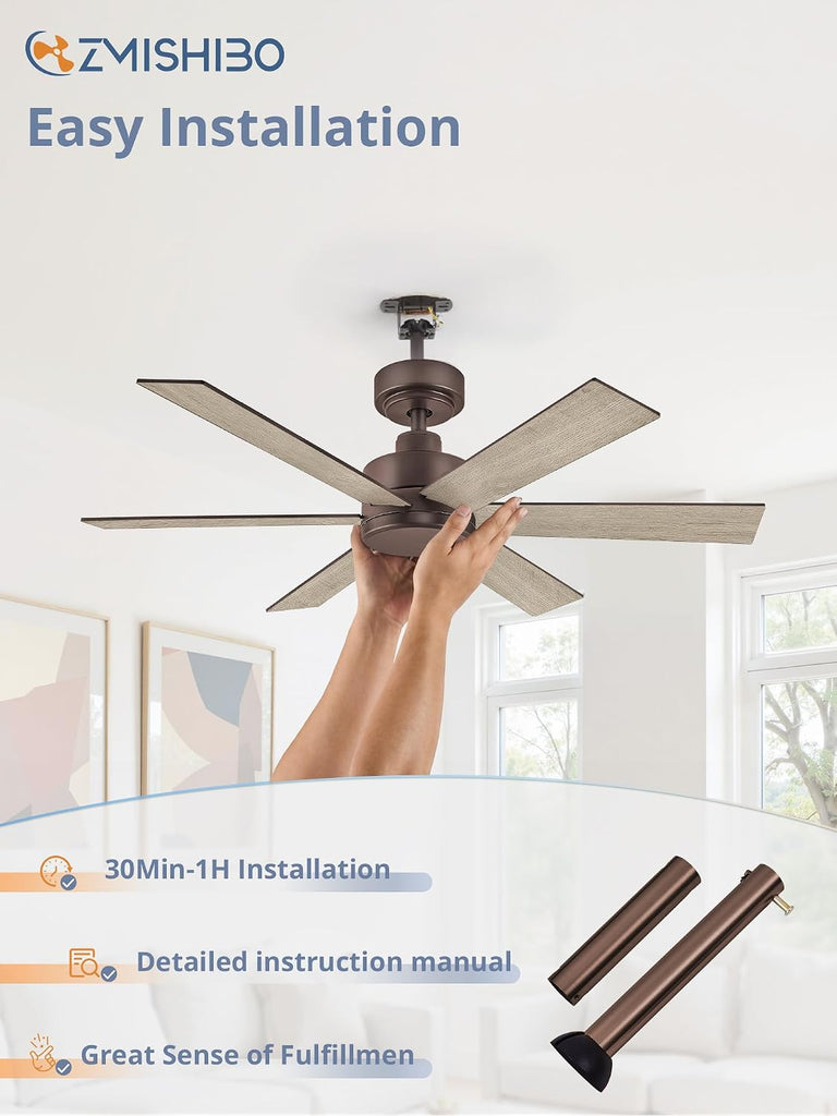 42 Inch Ceiling Fans No Lights, Farmhouse Rustic Ceiling Fan Without Light, 6 Blades, Quiet Reversible DC Motor