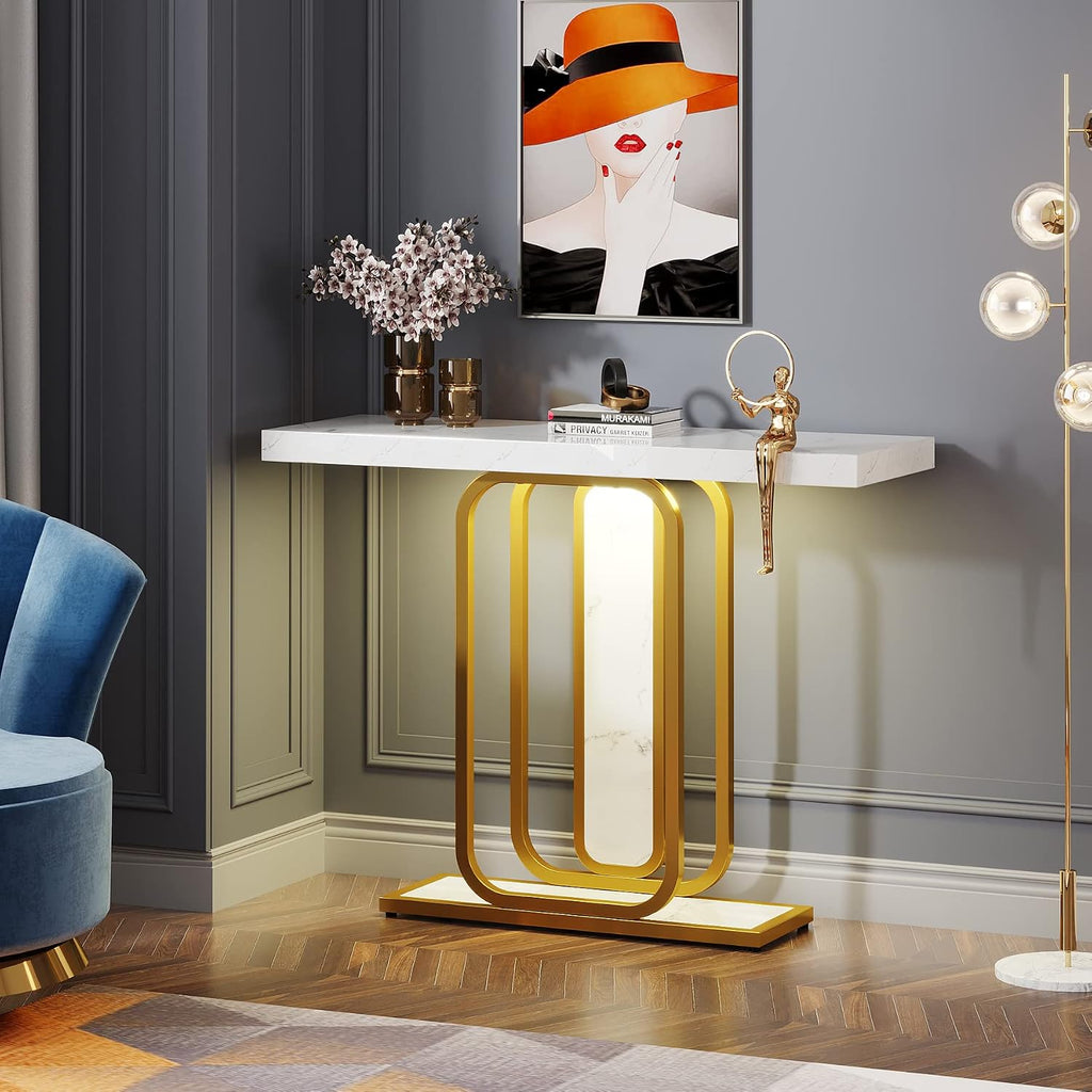 Modern Gold White Console Table with LED Lights, 41.3 Inch Entryway Hallway Foyer Accent Table with Faux Marble