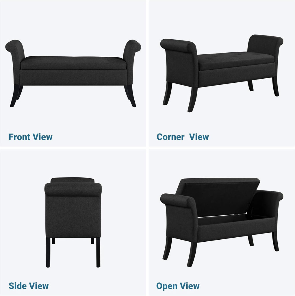 52in Black Storage Bench End of Bed with Rolled Arms | Button-Tufted Bench Seat with 1.9C Storage Space, Rolled Arms