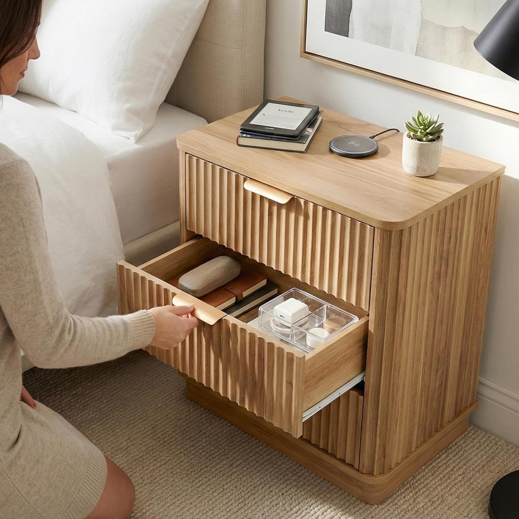 23 inch Wide Fluted Nightstand with 3 Drawers, Modern Curved Bedside Table,Wood Night Stand with Storage,End Table