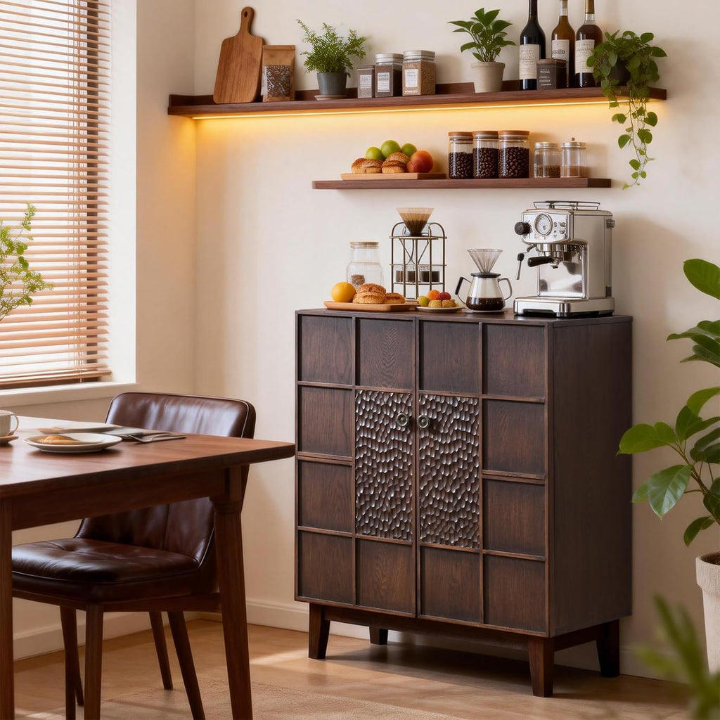 Mid-Century Modern Accent Cabinet with Textured Doors, 4-Cube Storage Cabinet, Walnut Wood Storage Cabinet , 31.5"