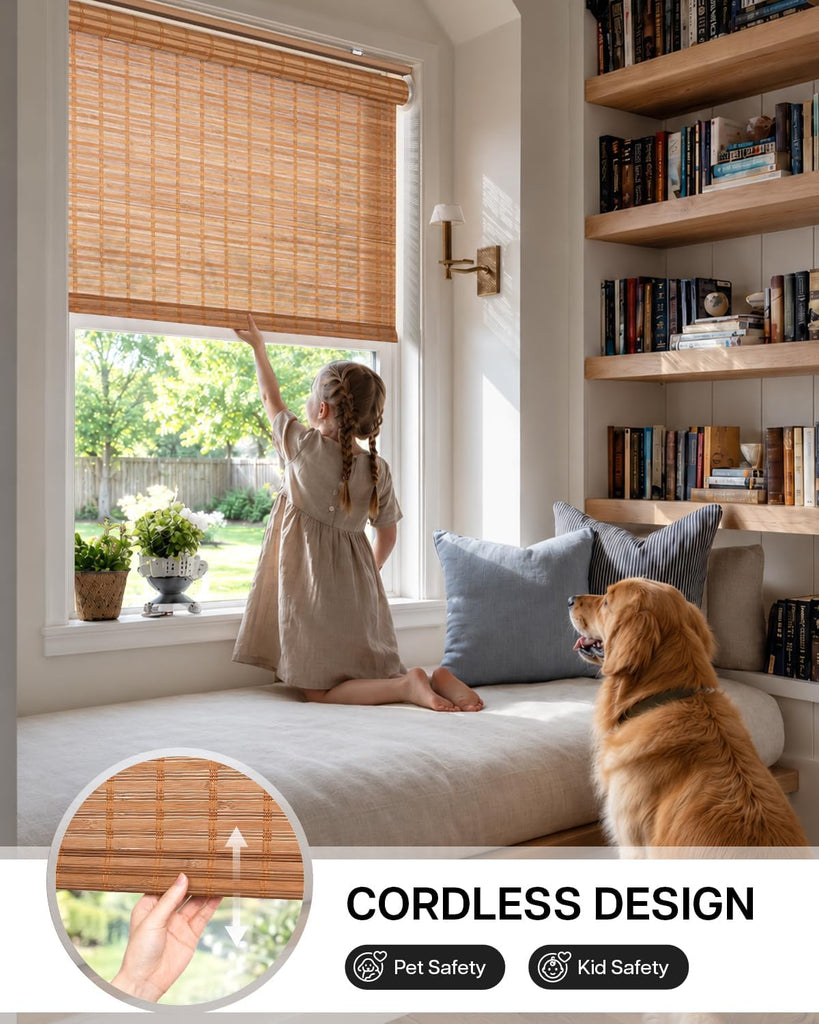 Cordless Bamboo Roller Shades, 34" W x 70" H, Squirrel