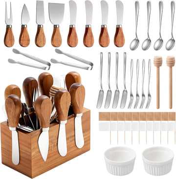 46 Pcs Charcuterie Boards Accessories with Magnetic Acacia Wood Holder Wooden Cheese Knife Set for Wood Handle Knives
