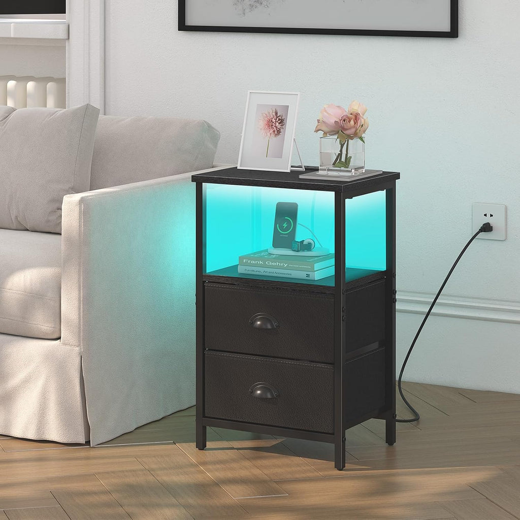 Nightstand with Charging Station, LED Night Stand Set 2, Bedside Table End Table Set of 2, Bedroom Table with 2