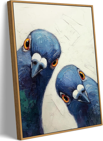 Framed Funny Pigeons Bathroom Wall Art Blue Bird Canvas Art Prints Quirky Wall Decor Pictures Whimsical Paintings