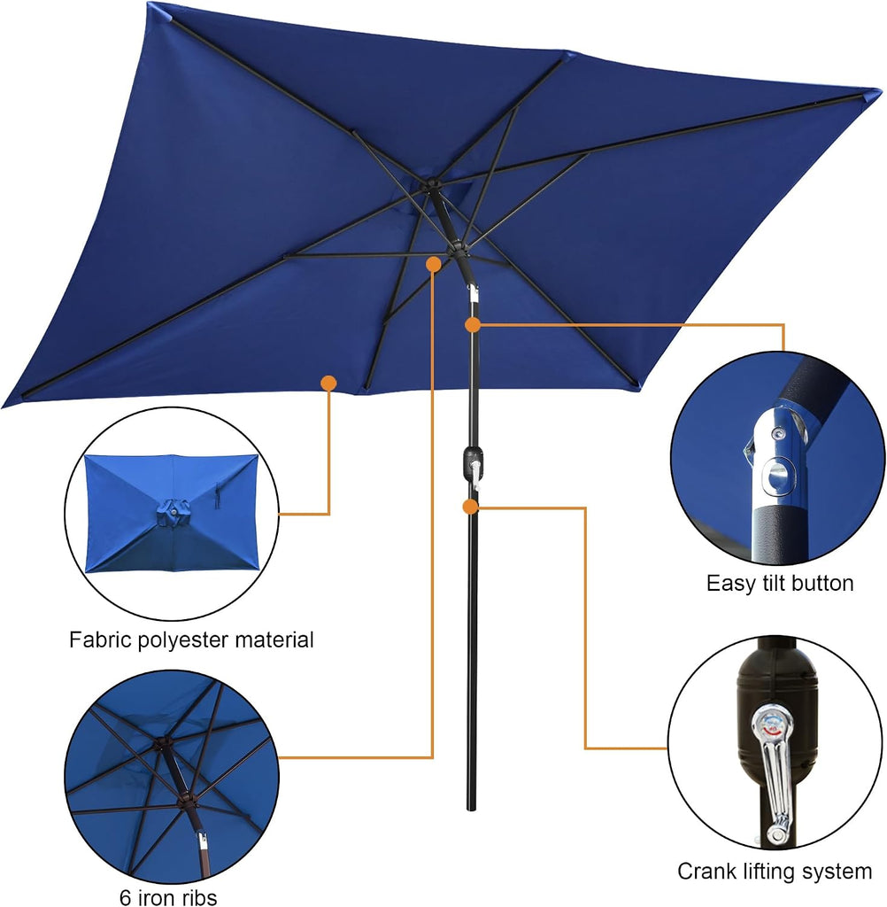 Rectangular Patio Umbrella, Table Market Umbrella with Tilt and Crank, Outdoor Umbrella Pool and Beach - Navy Blue