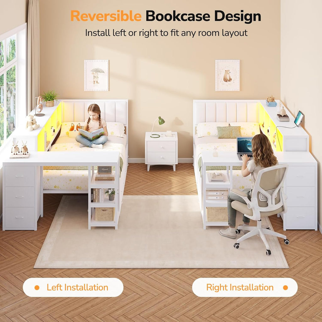 Corner Twin Bed Frame with Desk, 9 Storage Drawers and Bookcase, Twin Size Platform Bed Frame with Charging Station