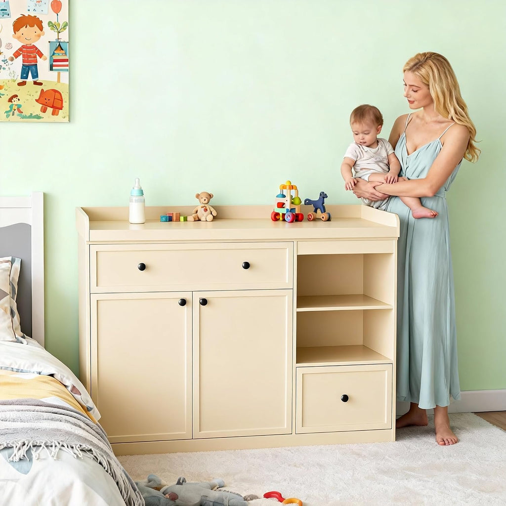 Wide Changing Table with 2 Doors, 2 Different Size Drawer&Storage Cubbies, Durable Wood Construction, Built-in
