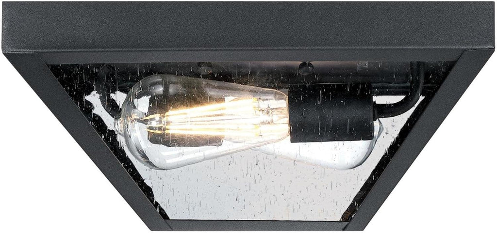Wyndham 12 Inch Transitional Two-Light Outdoor Flush Mount Ceiling Light, Textured Black Finish, Clear Seeded Glass