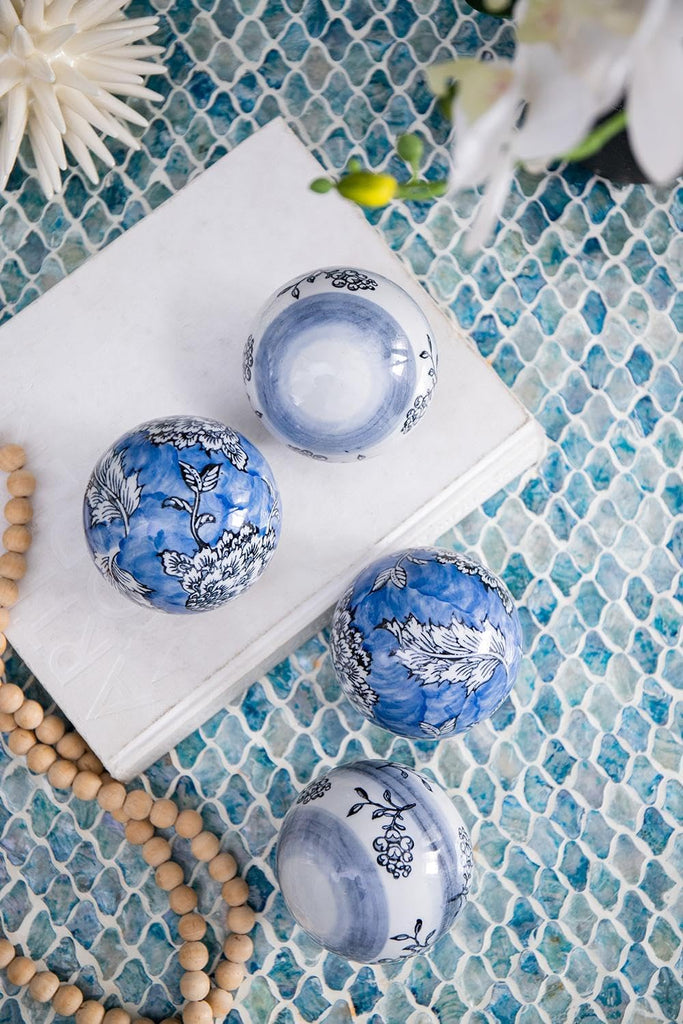 Set of 4 Porcelain Decorative Spheres - Handcrafted Blue and White Floral Orbs, Same Size, Decor, Tabletop Accent