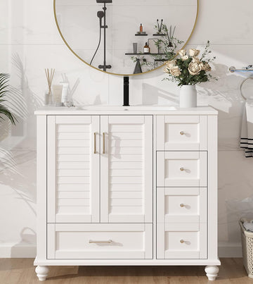 36" Bathroom Vanity with Sink, Painted Surface Solid Wood Frame Bathroom Storage Vanities Set with 3 Drawers, Louvre Design Cabinet with Integrated Ceramic Sink, White