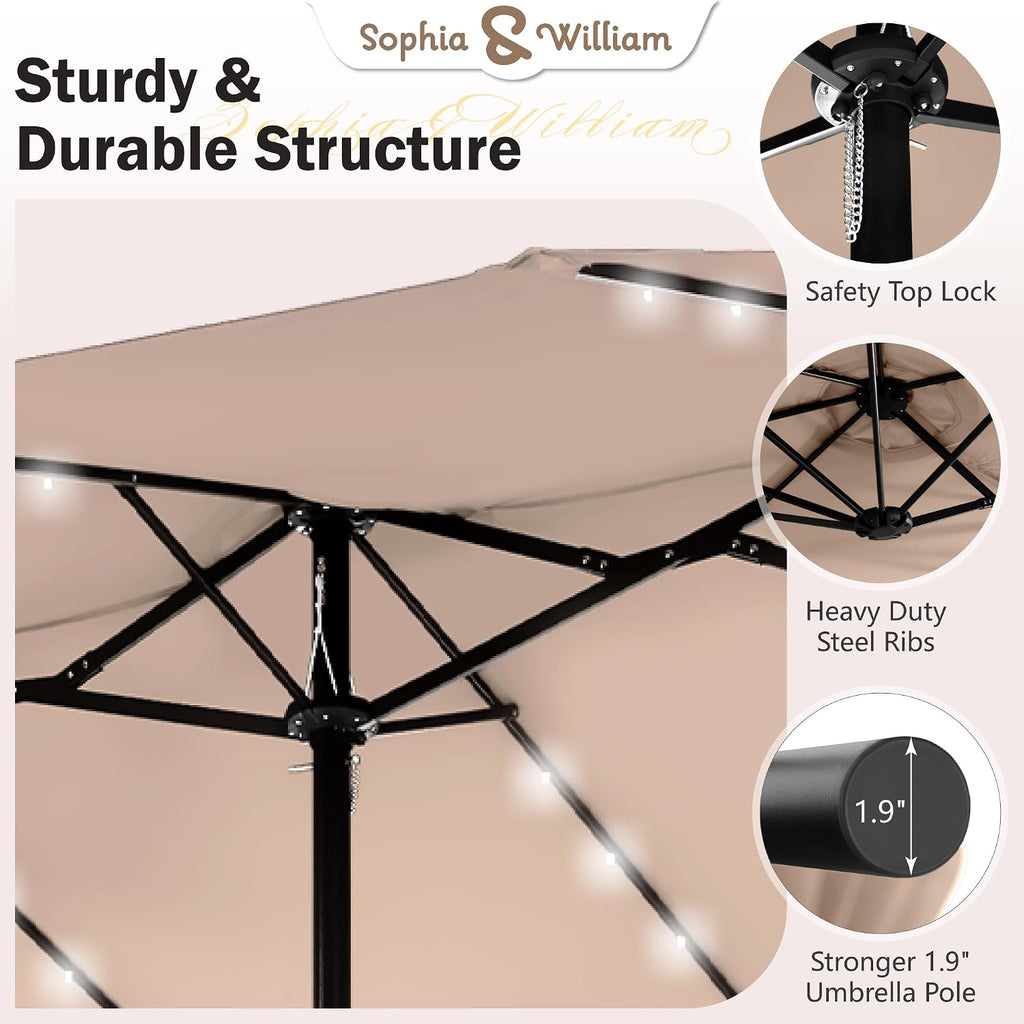 15ft Extra Large Outdoor Patio Umbrella with Solar Lights & Base, Beige | Rectangular Outdoor Umbrella
