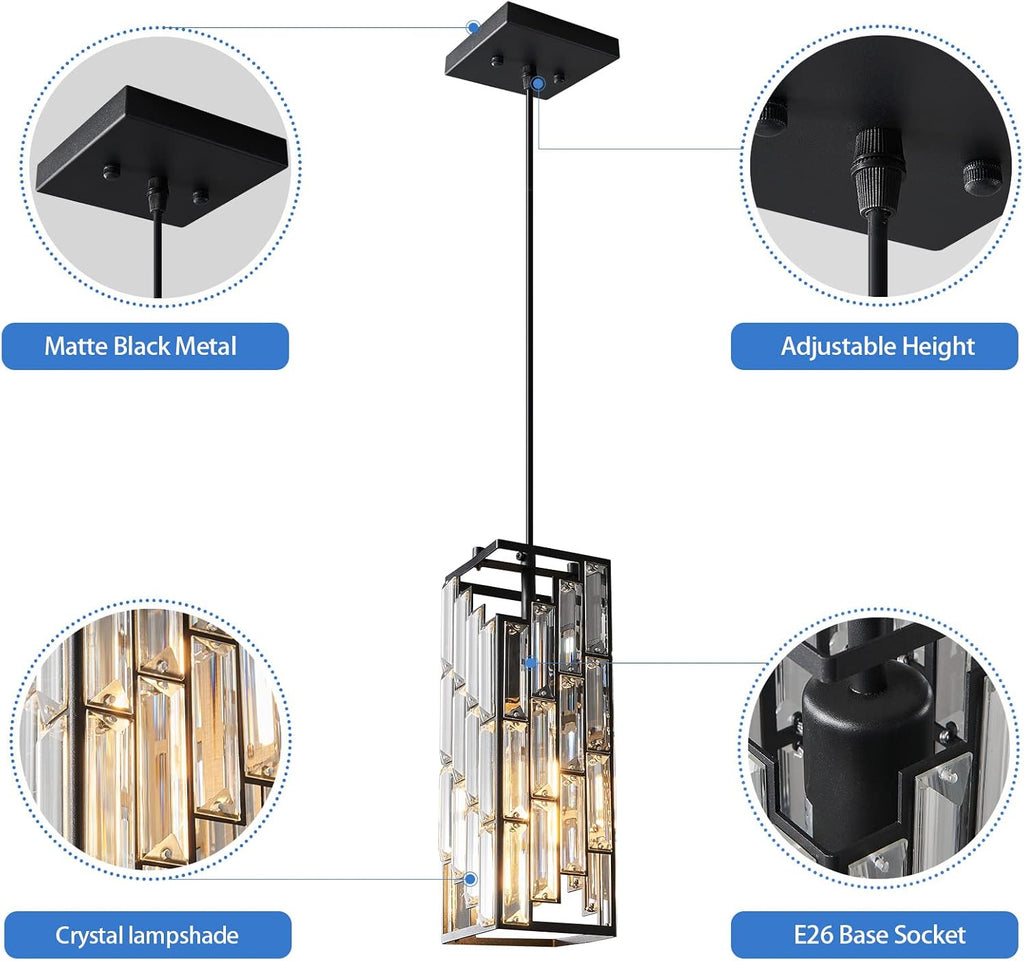 Black Pendant Lighting Modern Pendant Light, Mini Crystal Chandeliers,Adjustable Pendant Light Fixture for Kitchen