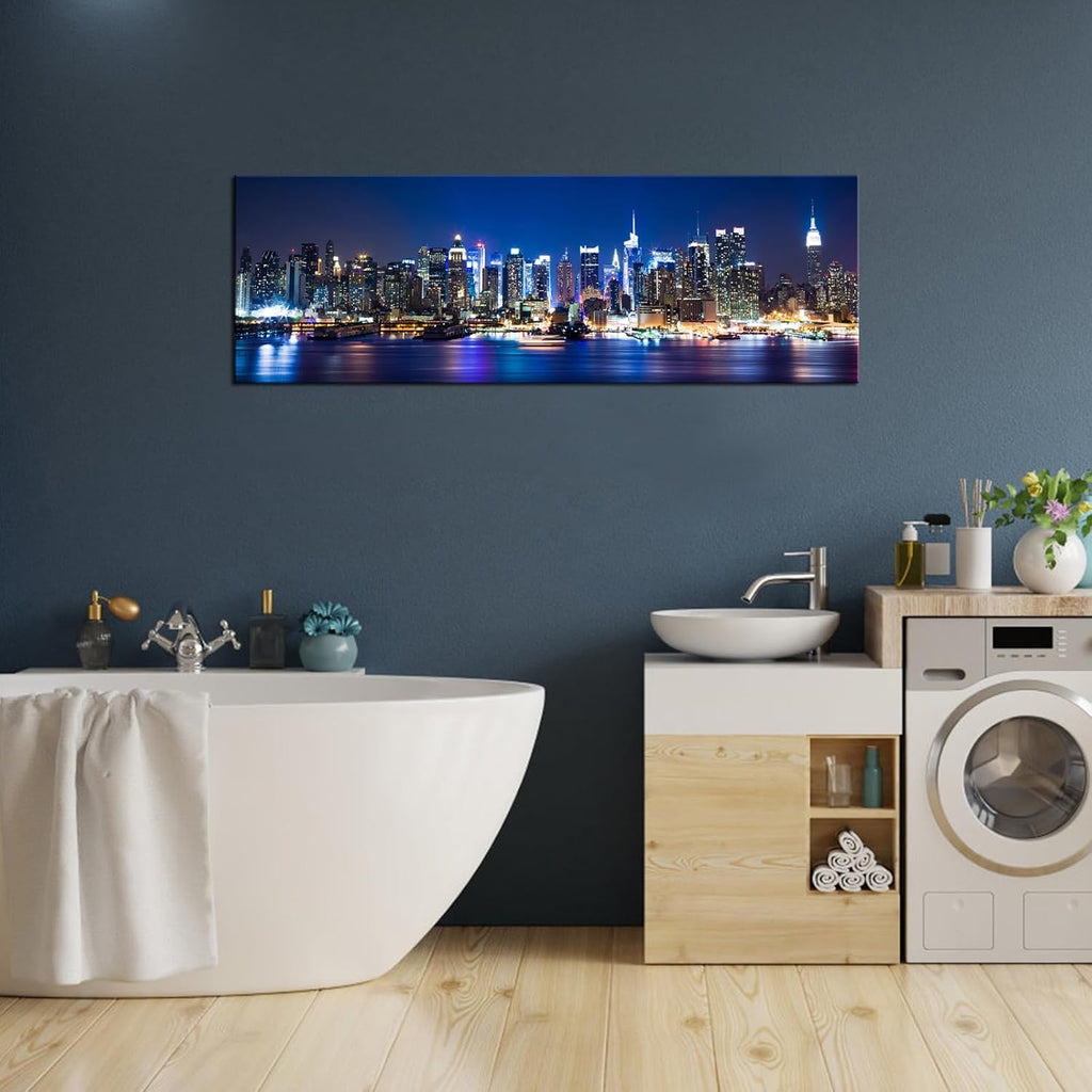 New York Wall Art Living Room Decor Beautiful Manhattan City Skyline Night Light Photo Poster Prints on Canvas Blue