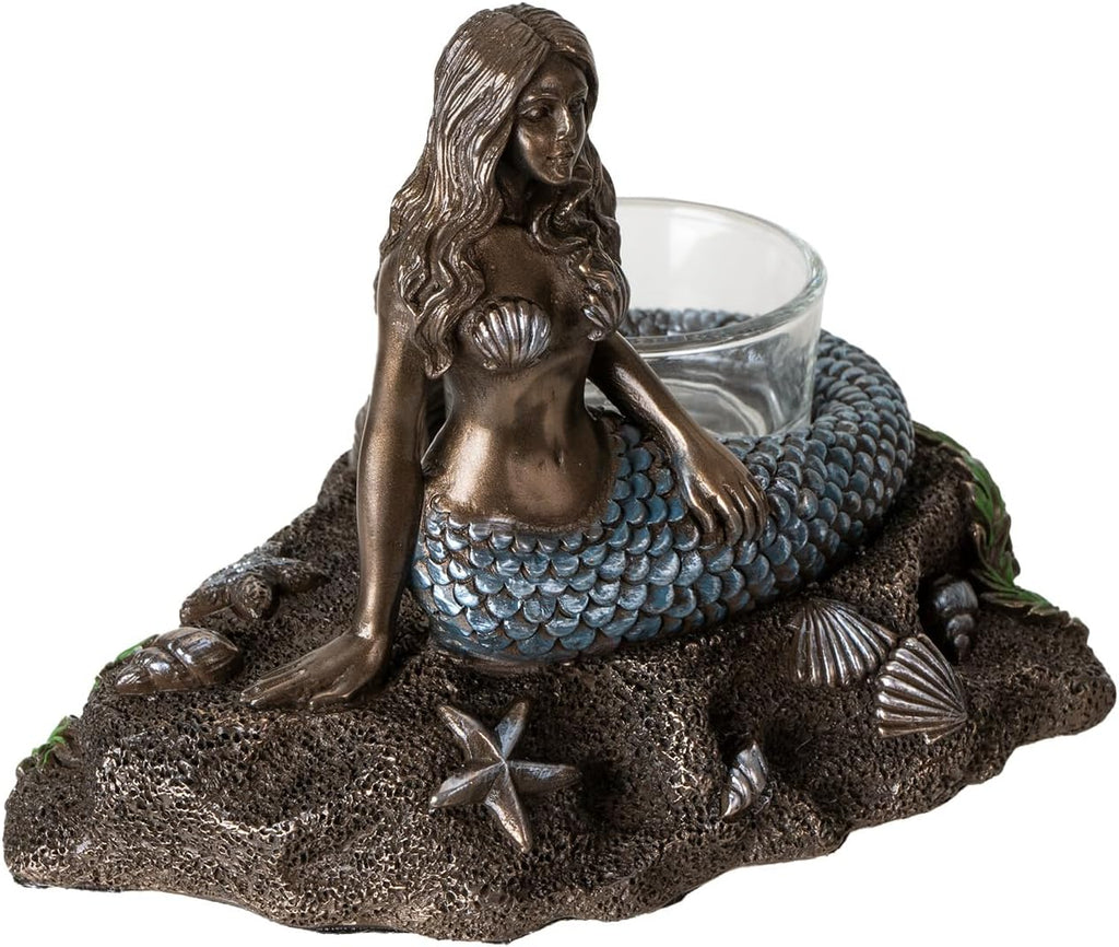 Nautical Mermaid Votive Tealight Candle Holder, Bronze and Blue Decorative Figurine with Glass Cup, Ocean Theme Res