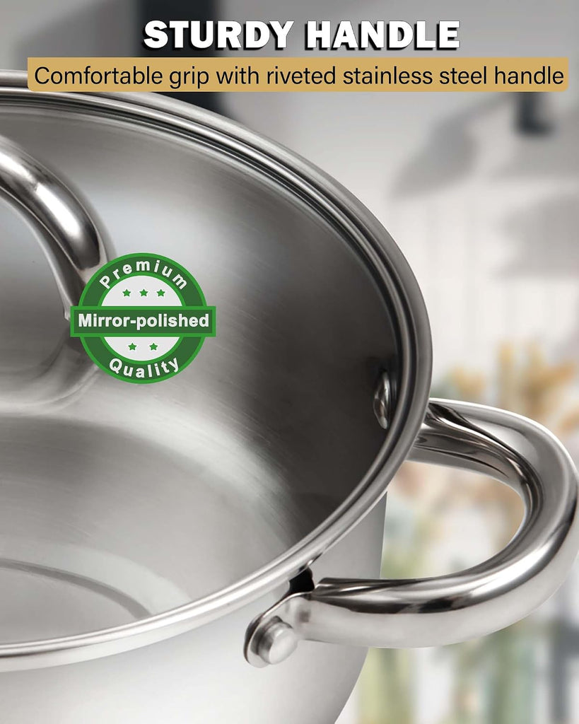 Kitchen Cookware Sets, 12-Piece Basic Stainless Steel Pots and Pans, Silver | Stay-Cool Handle, Induction Compatible