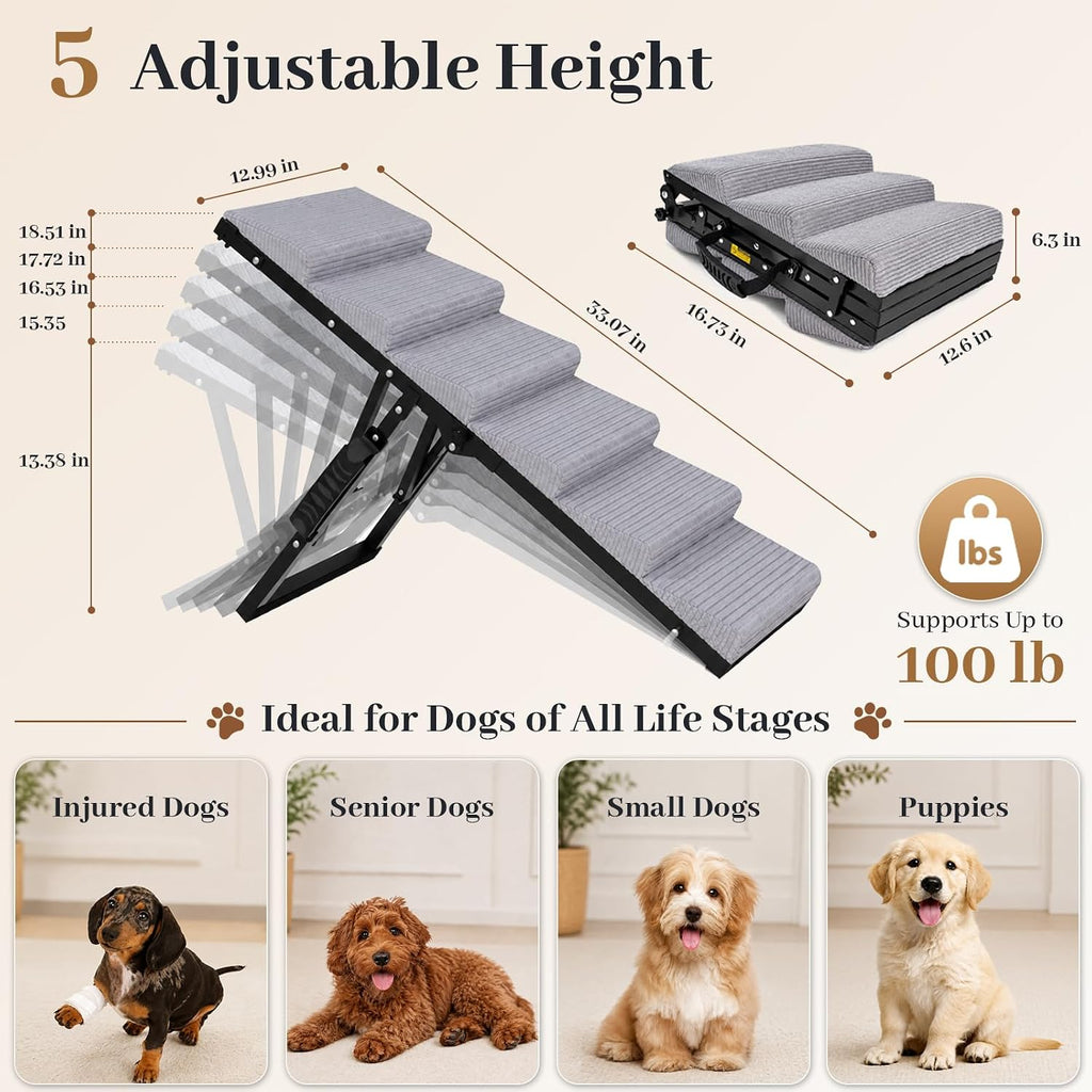 Dog Ramp for Bed, Foldable Dog Ramp, 5 Adjustable Heights, 13"-19", 100 lb