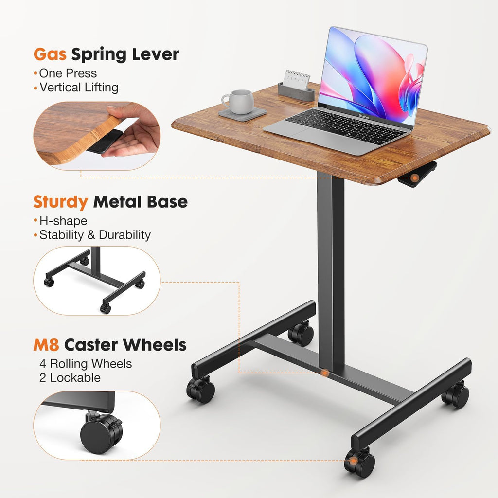 Small Standing Desk Rolling Table Adjustable Height, Laptop Mobile Stand with Wheels, Portable Computer Workstation
