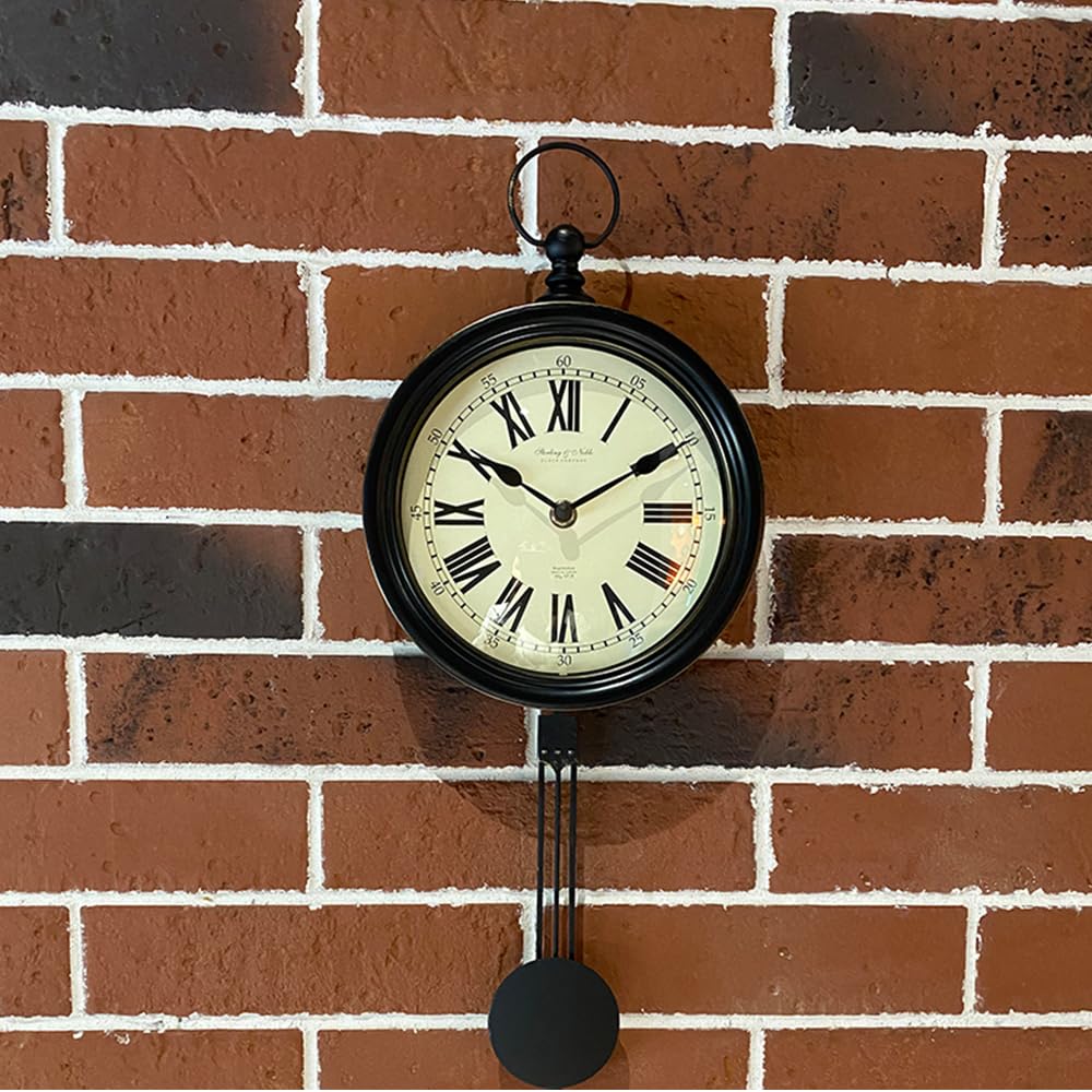 Vintage Wall Clock 8 inch Round, Black Wall Clocks with Pendulum Battery Operated, Kichen, Bathroom, Home Office Wall
