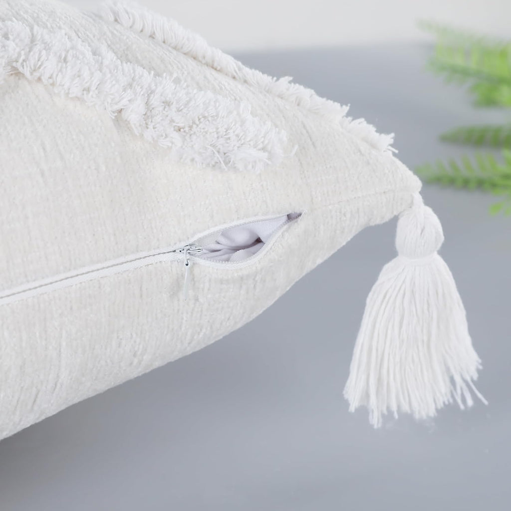 Decorative Long Lumbar Pillow Cover 14x36 Boho,Super Soft Chenille Extra Long Lumbar Pillow Case Cover with Tassel for Bed Sofa Couch Farmhouse Livingroom,White,Modern Skinny