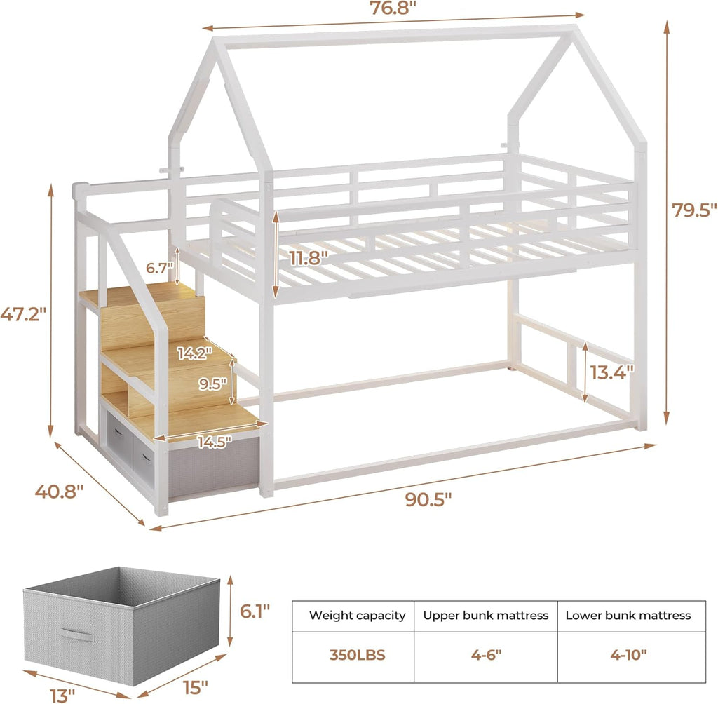 Metal Bunk Bed Twin Over Twin with Storage Staircase, Clothes Rack, LED Twin Bunk Beds for Kids with 2 Storage Drawers