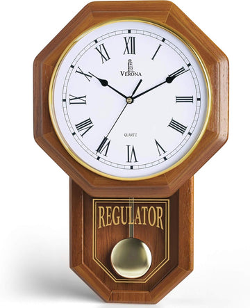 Pendulum Wall Clock Battery Operated - Real Wood Regulator Clock - Schoolhouse Design with Pendulum - Quiet, Non-Chiming - Wooden Wall...