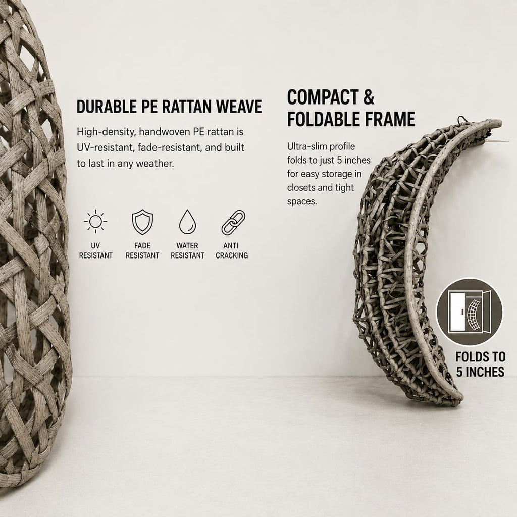 Folding PE Rattan Hanging Egg Chair with Stand, Wicker Swing Hammock, Heavy-Duty Steel and Aluminum Frame, 350 lbs