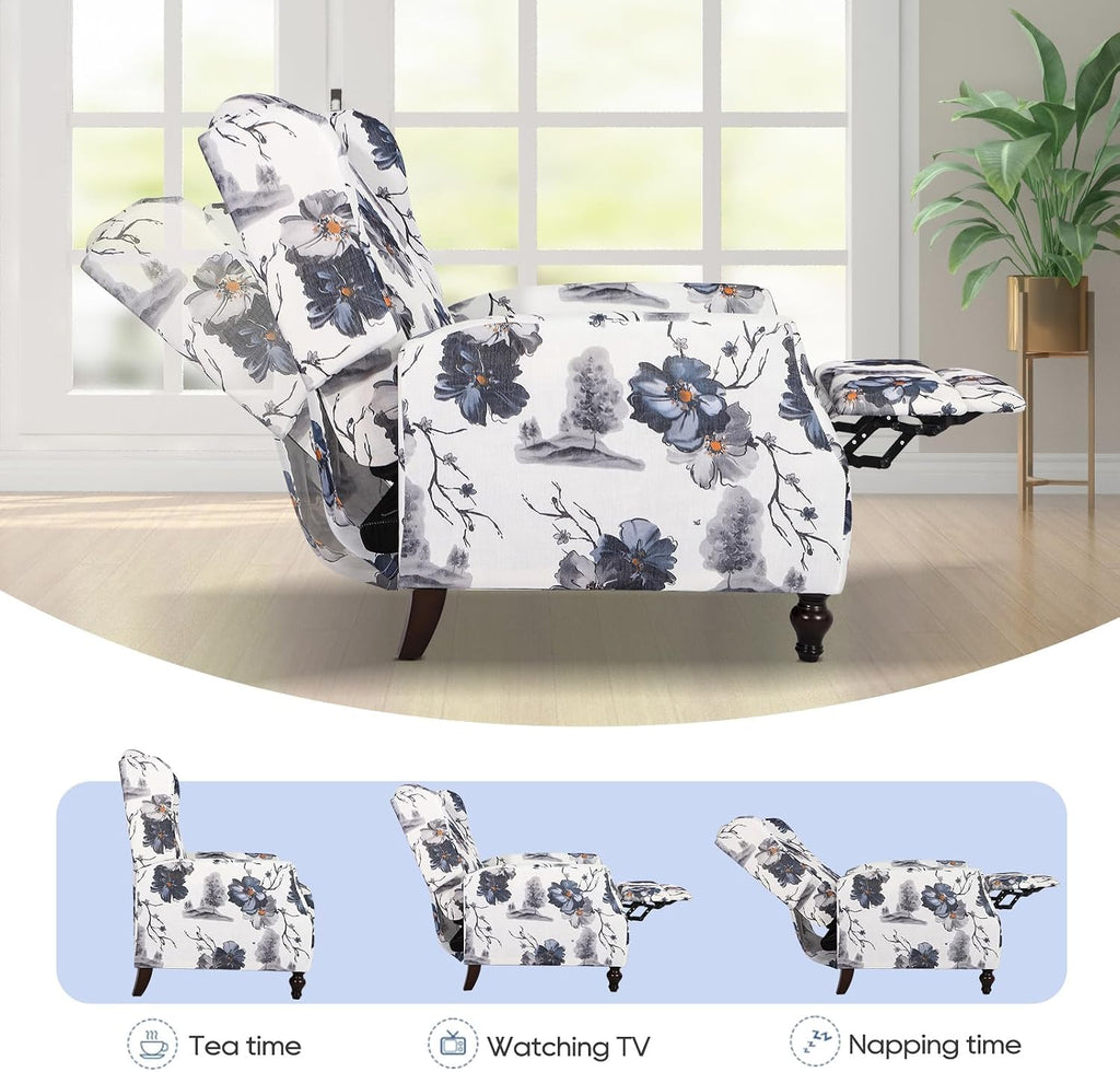 Wingback Recliner Chair - Tufted Arm Chair Recliner - Fabric Push Back Single Sofa Adjustable Backrest (Blue Floral)