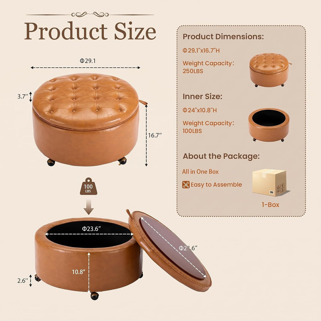 29" Large Round Storage Ottoman with Tray, Camel