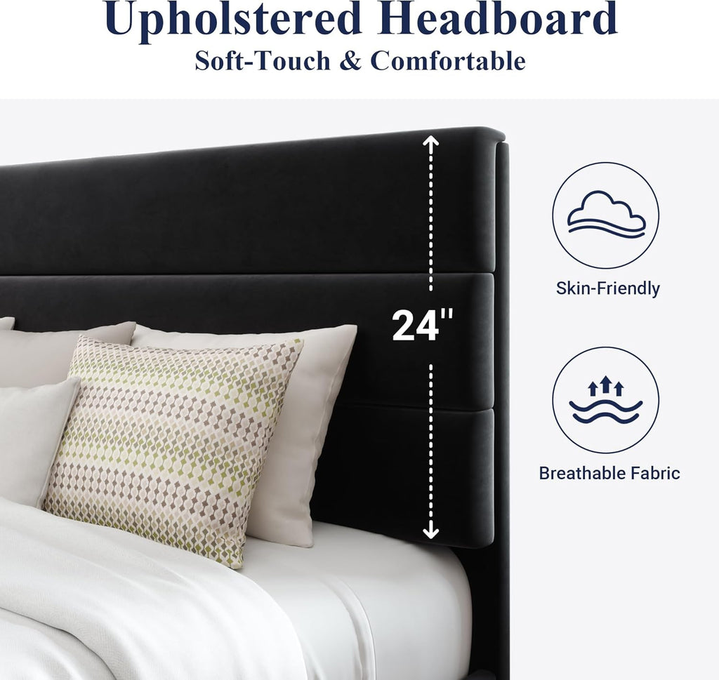 King Platform Bed Frame with Velvet Upholstered Headboard and Wooden Slats Support
