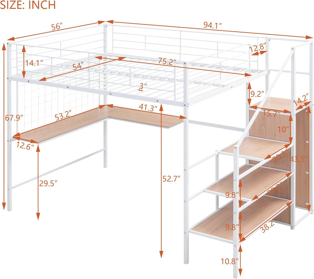 Full Loft Bed with Desk and Wardrobe and Storage Stairs, Loft Beds for Adults, Kids, Teens Metal, White