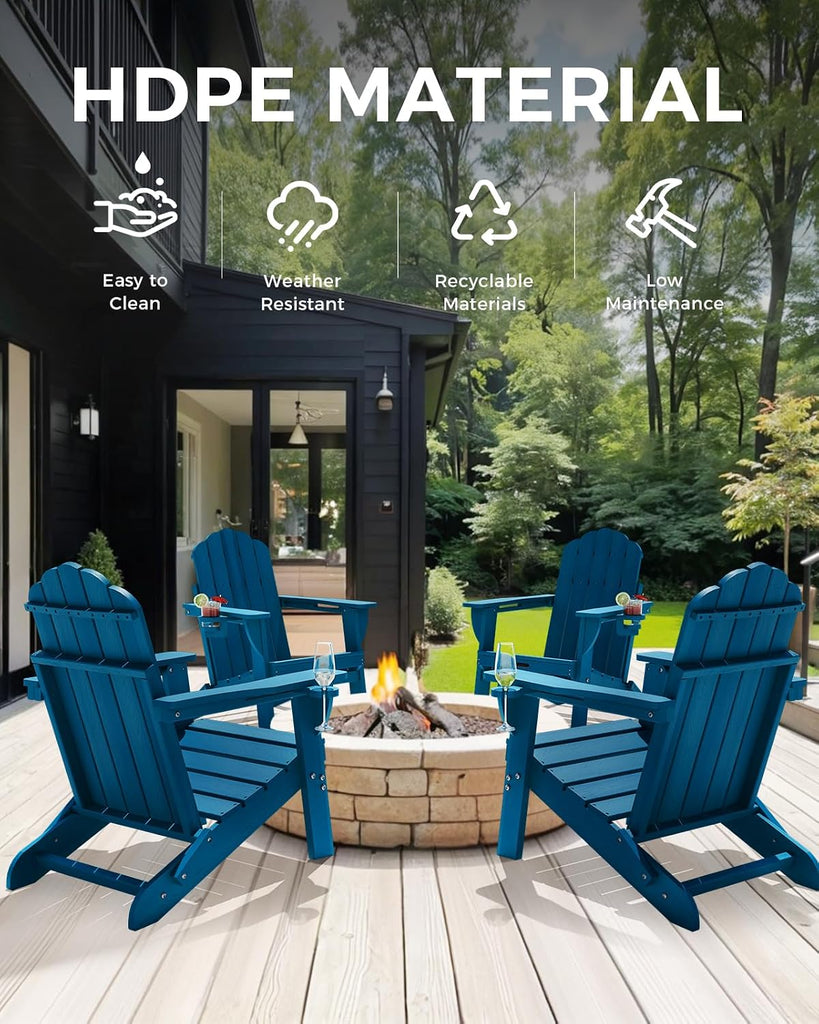 Folding Adirondack Chair, All-Weather HDPE Patio Chair with 2 Cup Holders | Wide Armrest, Wood Grain, Oversized