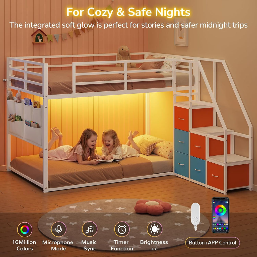 Low Bunk Bed Twin Over Twin with 6 Storage Drawers and 6-Pocket Organizer, Reversible Storage Staircase(Left or Right)