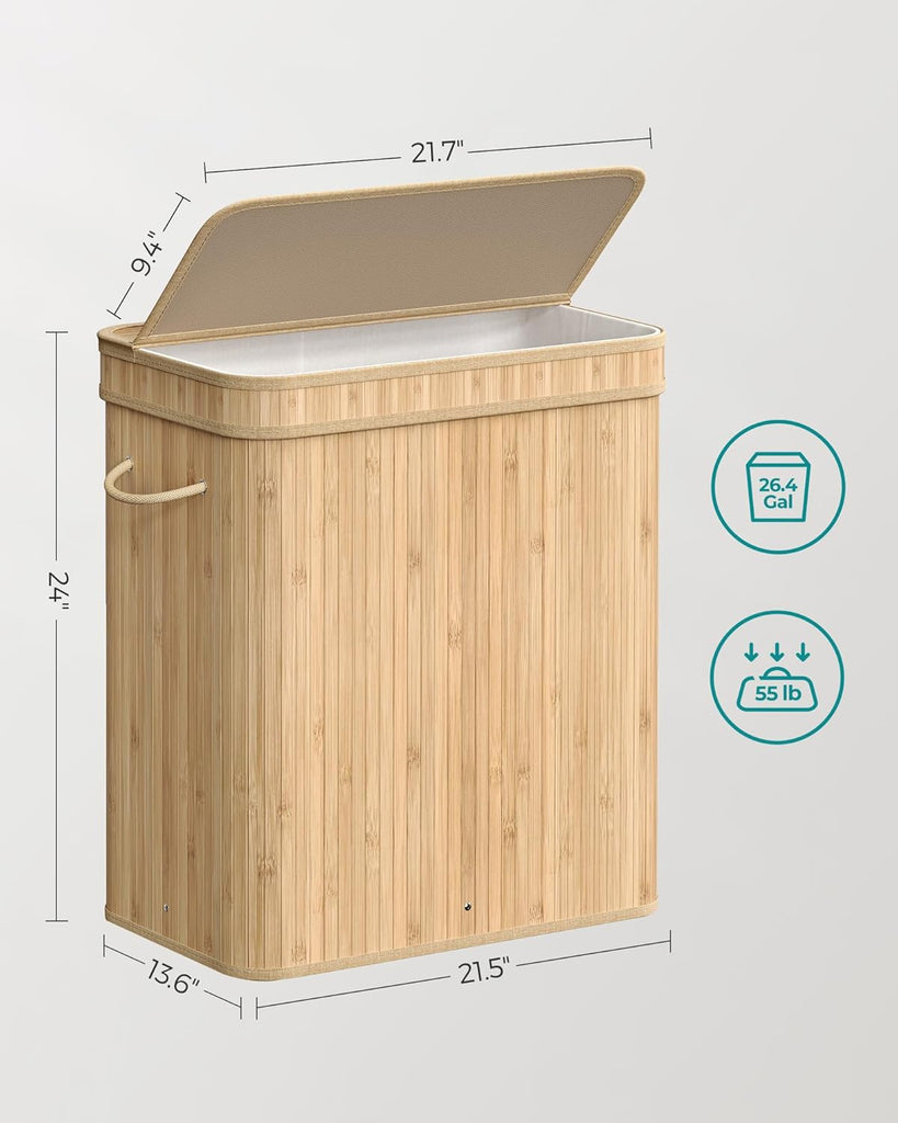 Laundry Hamper with Lid, Bamboo Laundry Basket, Removable Machine Washable Laundry Basket, with Handles