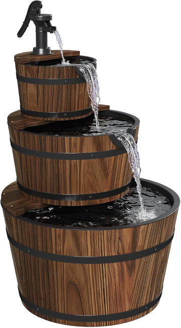 3-Tier Outdoor Water Fountain, Wood Barrel Cascading with Electric Decorative Hand Pump, Rustic Waterfall Fountain