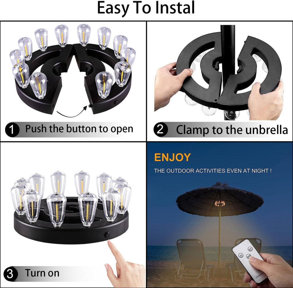 Umbrella Lights, Patio Outdoor Umbrella Lights Battery Operated with Dimmable Timer,12 Warm White LED Bulbs in 3