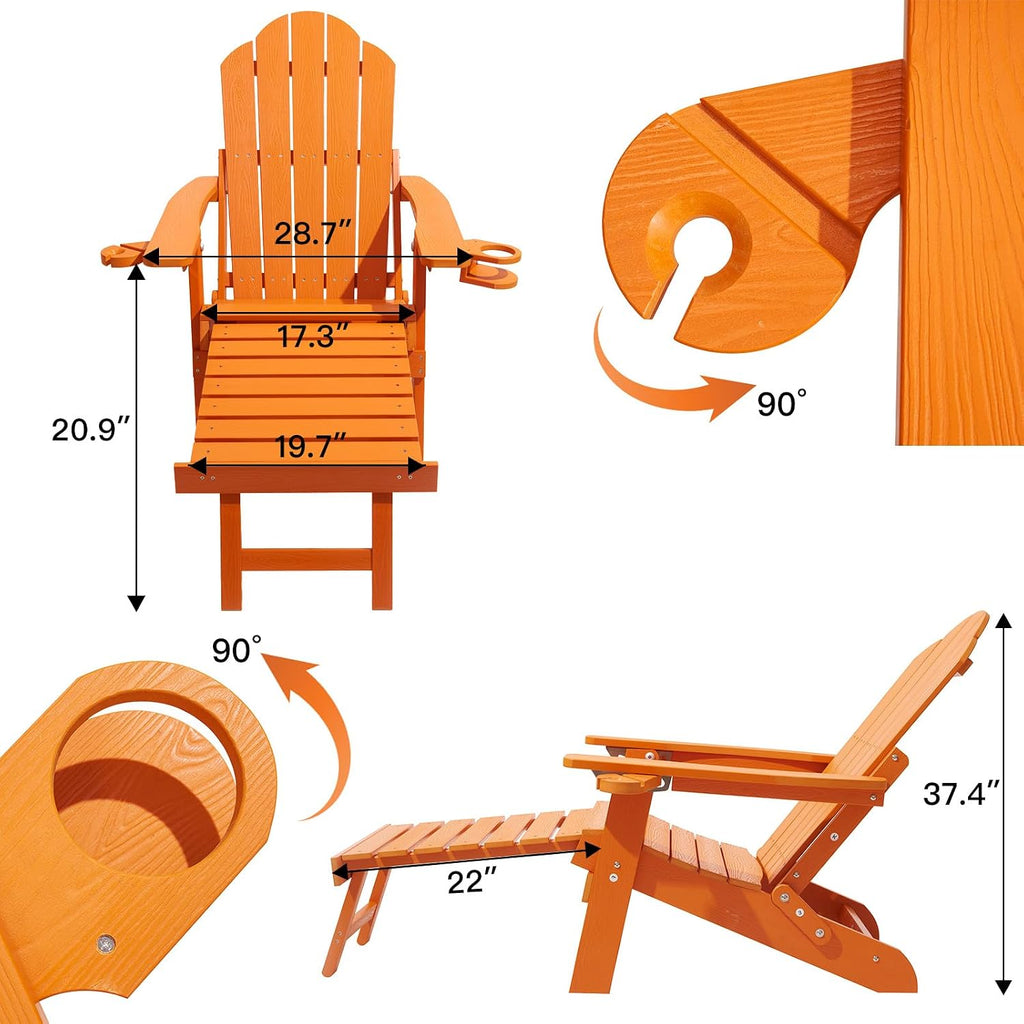 Ergonomic Adjustable Adirondack Chair with Ottoman Set of 2,Folding Adirondack Chair with 2 Cup Holder