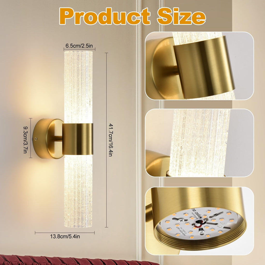 Crystal Sconces Wall Lighting, Gold Wall Sconces Set of 2, LED Crystal Sconces Set of 2, Wall Lights for Bedroom