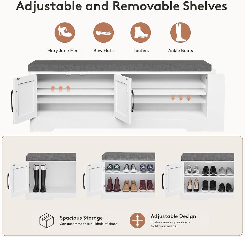 47.3" Shoe Storage Bench with Cushion, Entryway Shoe Cabinet, White | 3-in-1 Shoe Storage Bench, 47.3", Adjustable