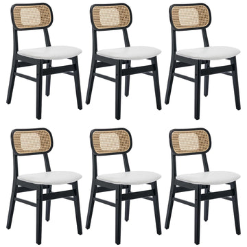 Rattan Dining Chairs Set of 6 Black Wooden Dining Room Chairs White Faux Leather Kitchen Chairs with Back Farmhouse