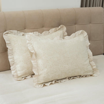 Pillow Shams Set of 2 Linen-Cotton Jacquard Fabric and Washed 100% Cotton Retro Ruffle Flounces Trim Solid Beige