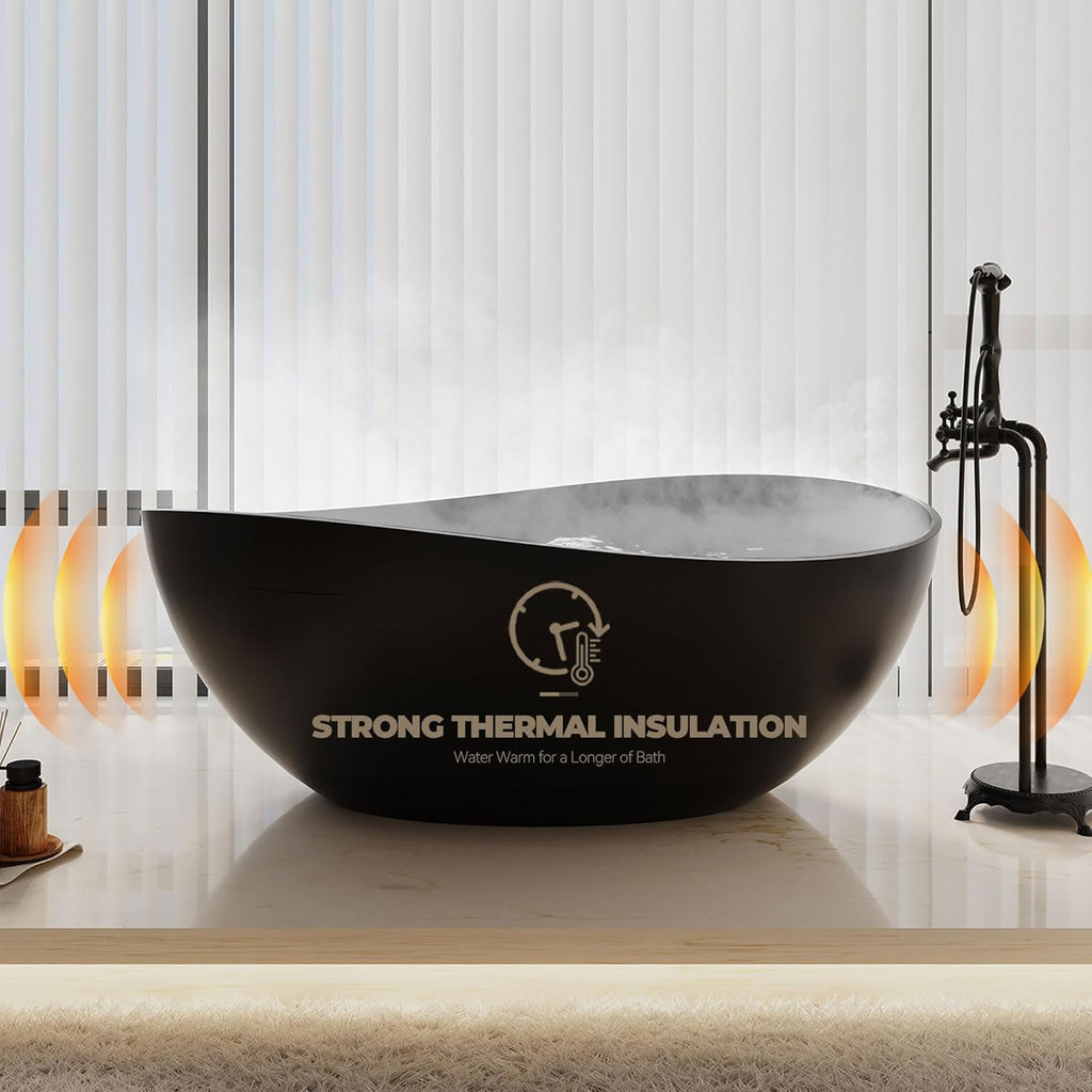 63" Free Standing Tub, Matte Black Stone Resin Freestanding Bathtub Solid Surface Soaking Tub with Drain, Drain Hose